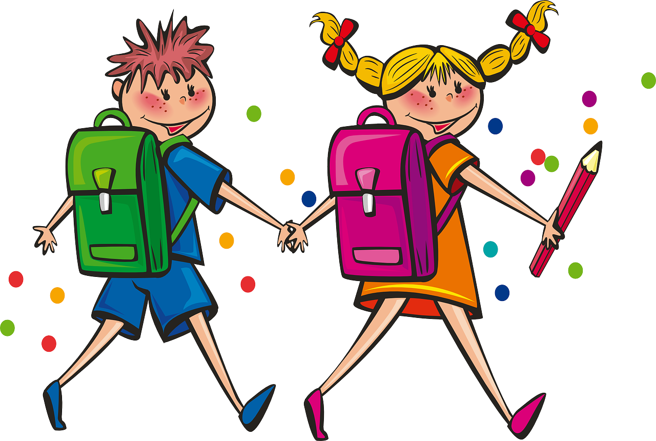 grafika przedstawiająca chłopca i dziewczynkę z plecakami