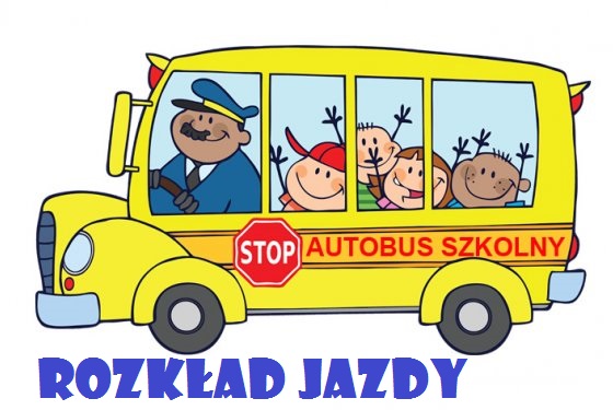 Grafika przedstawiająca żółty autobus szkolny z dziećmi i kierowcą