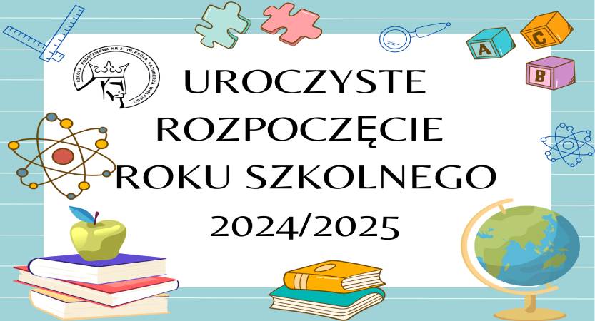 Grafika z napisem uroczyste rozpoczęcie roku szkolnego, małe ilustracje książek puzzli